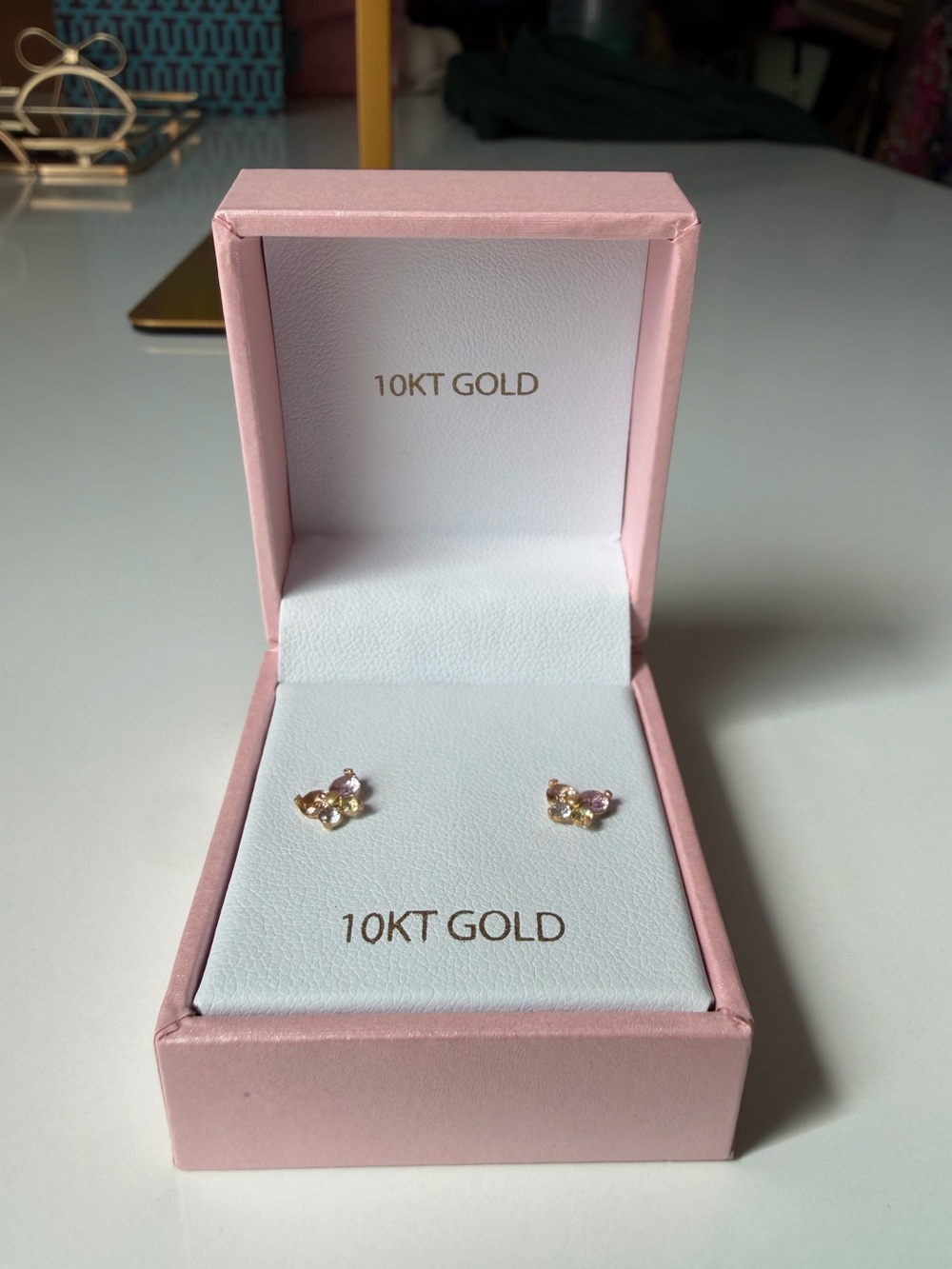 Fashion Jewelry 10KT Gold Butterfly Stud Earrings with Pink and Yellow Stones